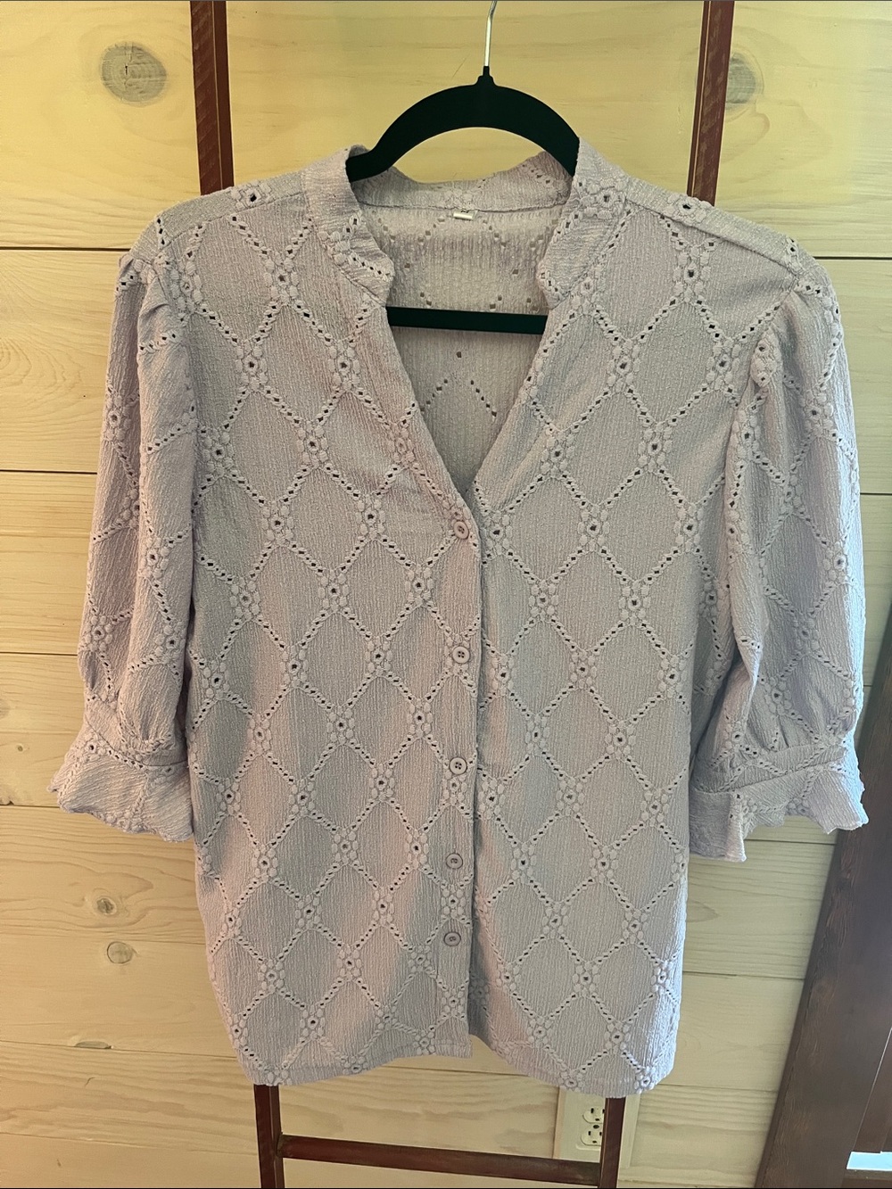 Lavender Eyelet Button-Front Blouse with Puff Sleeves